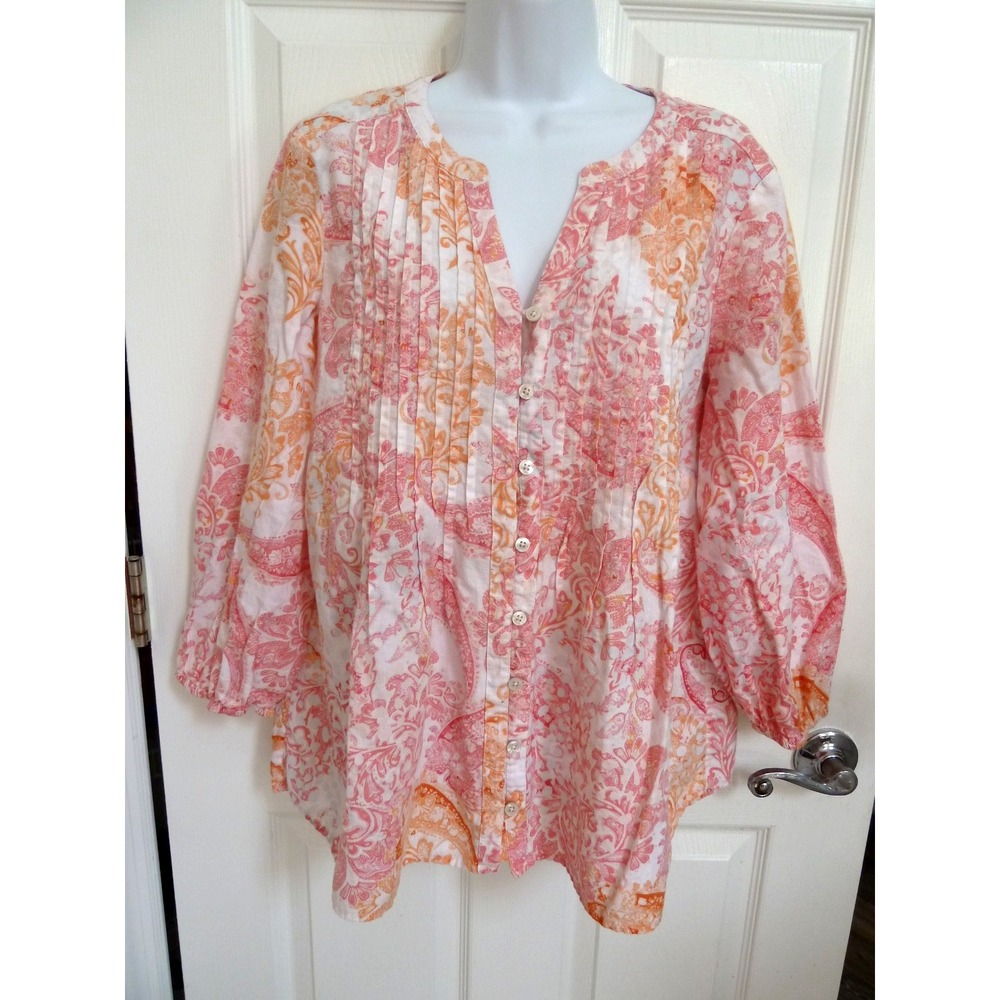 Chico's Size 2 Large Linen Blend Pin-Tucked Blouse Paisley Floral Pink Orange